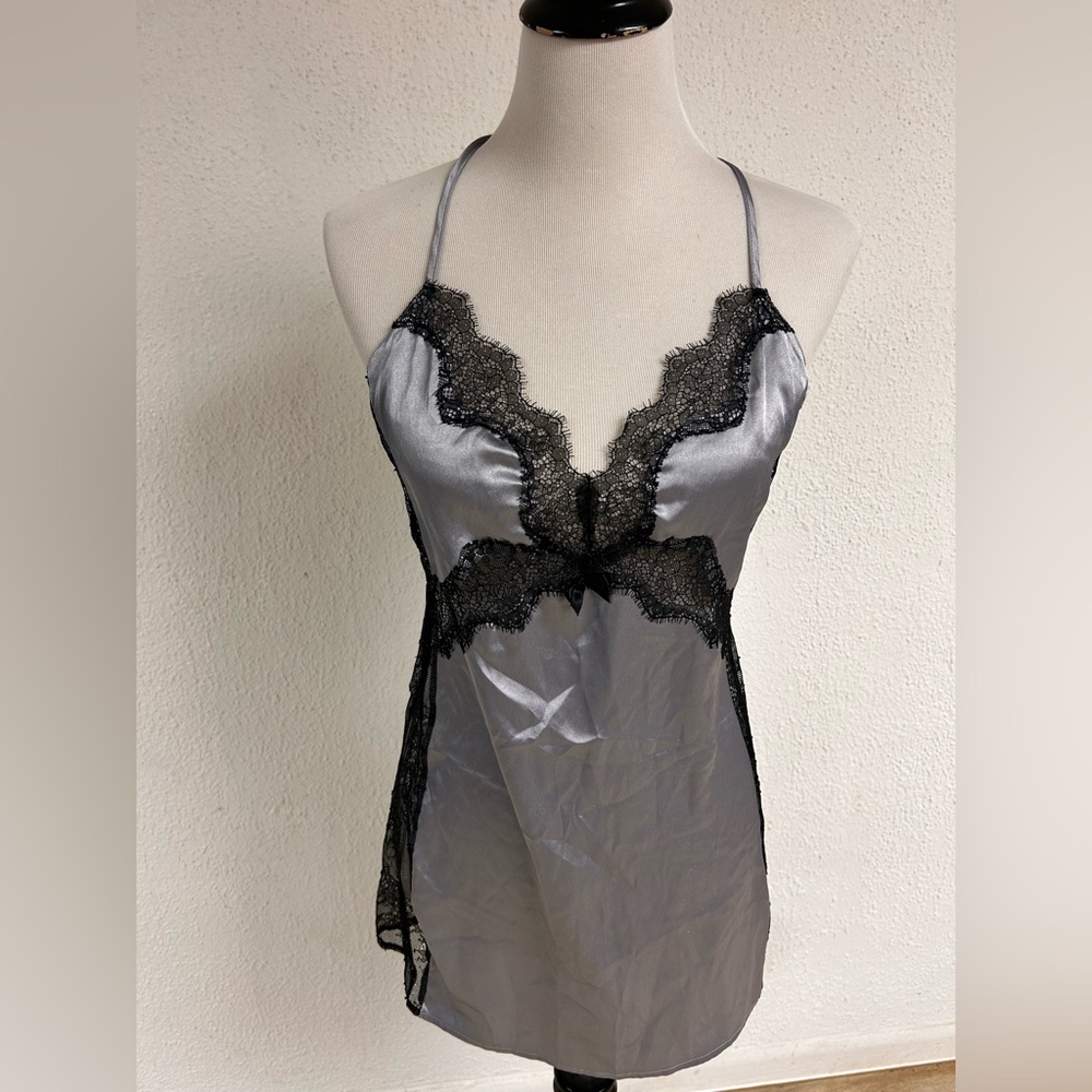 Victoria’s Secret Y2K Silver Satin and Black Lace Chemise Slip Dress Sz Medium